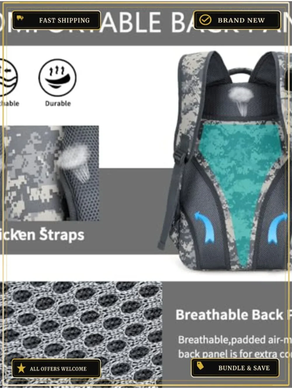 Tactical Camo Boys Backpack for School 40L, USB Port, Waterproof 900D Oxford,